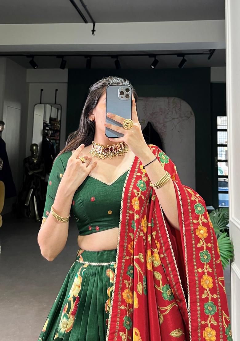 Green Printed Silk Blend Lehenga Set - Indya