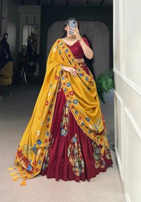 Maroon Printed Silk Blend Lehenga Set