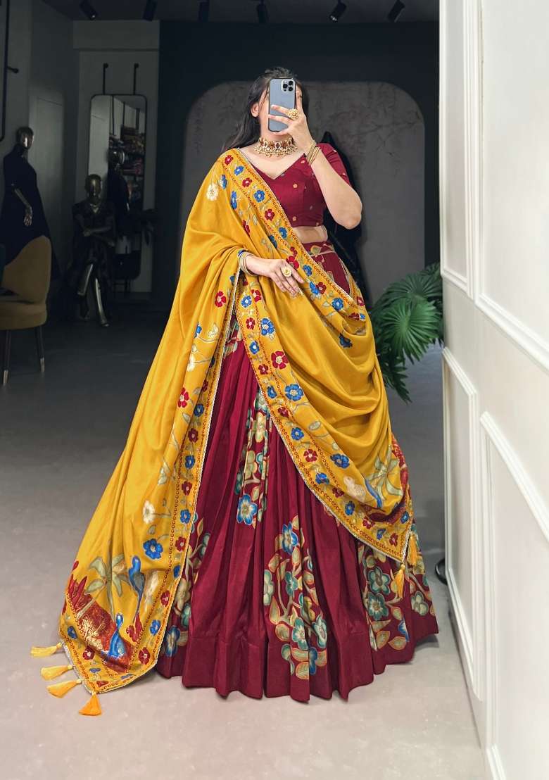 Maroon Silk Blend Lehenga Set with Printed for Diwali | Wedding & Festive Wear - Indya