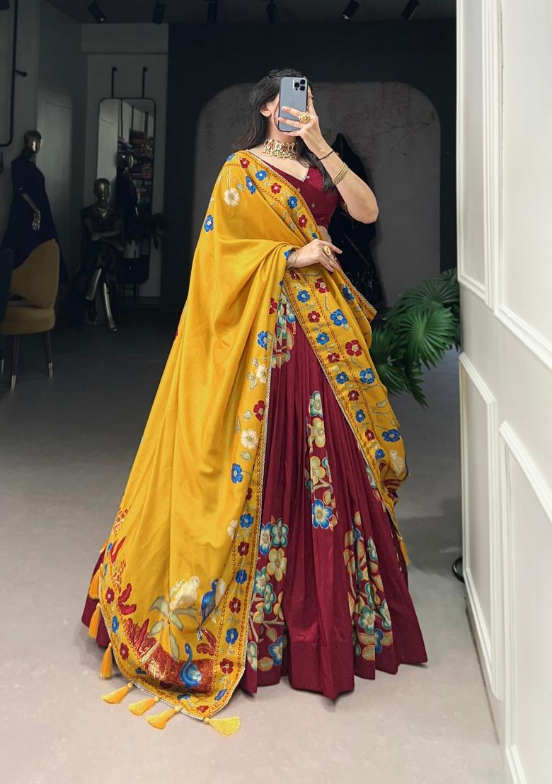 Maroon Printed Silk Blend Lehenga Set - Indya
