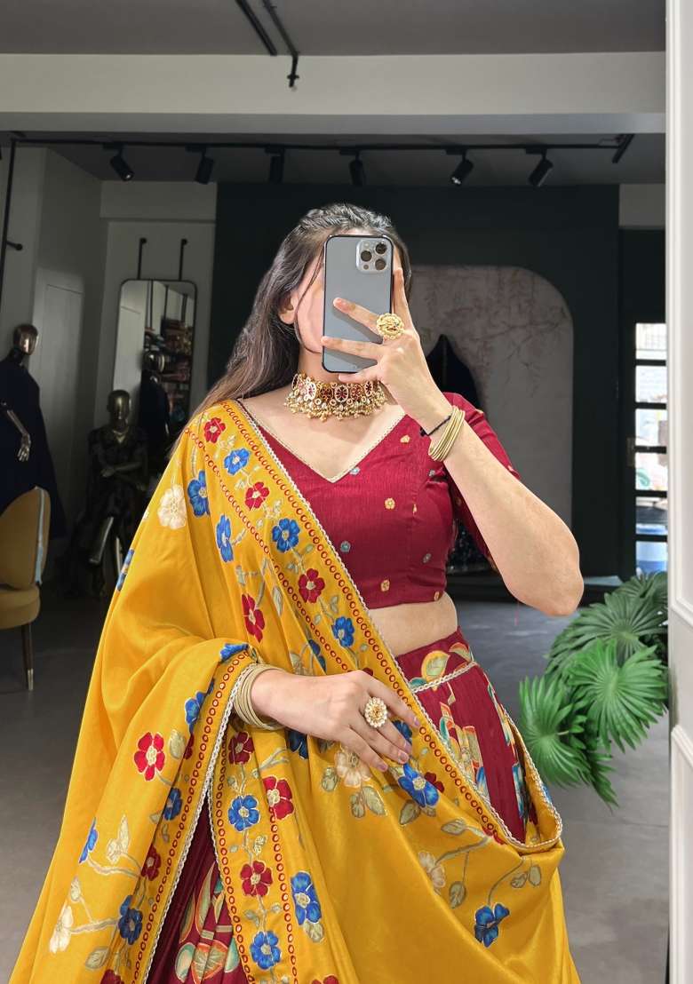 Maroon Silk Blend Lehenga Set with Printed for Diwali | Wedding & Festive Wear - Indya