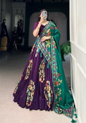 Purple Printed Silk Blend Lehenga Set