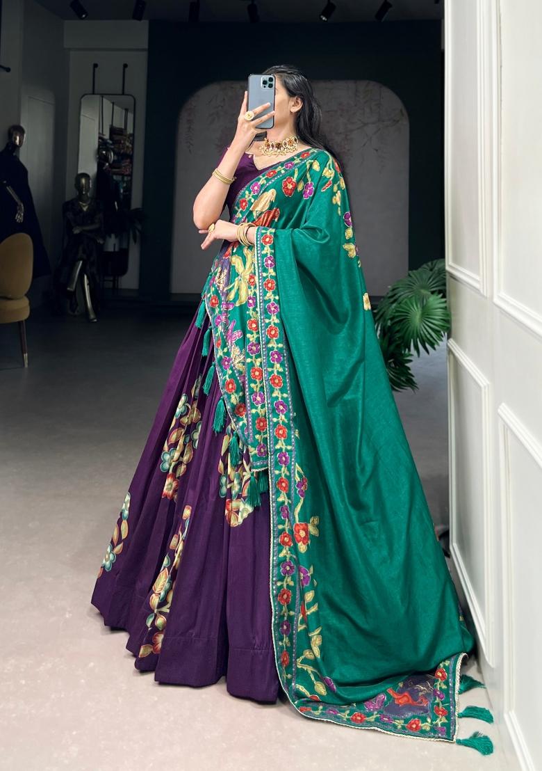 Purple Printed Silk Blend Lehenga Set - Indya