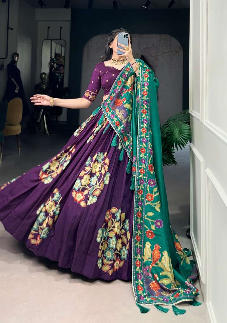 Purple Printed Silk Blend Lehenga Set for Diwali and Festive Wear - Indya
