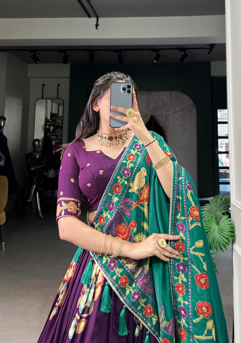 Purple Printed Silk Blend Lehenga Set - Indya