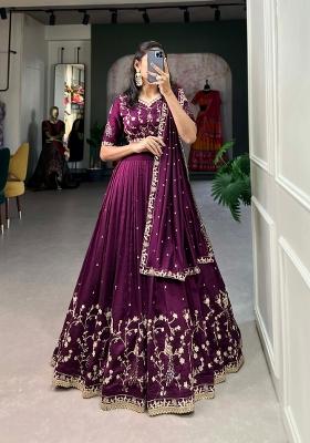 Wine Embroidered Silk Blend Lehenga Set