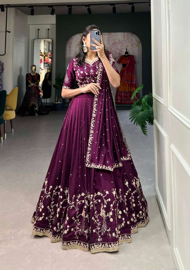 Wine Embroidered Silk Blend Lehenga Set for Diwali and Festive Wear - Indya