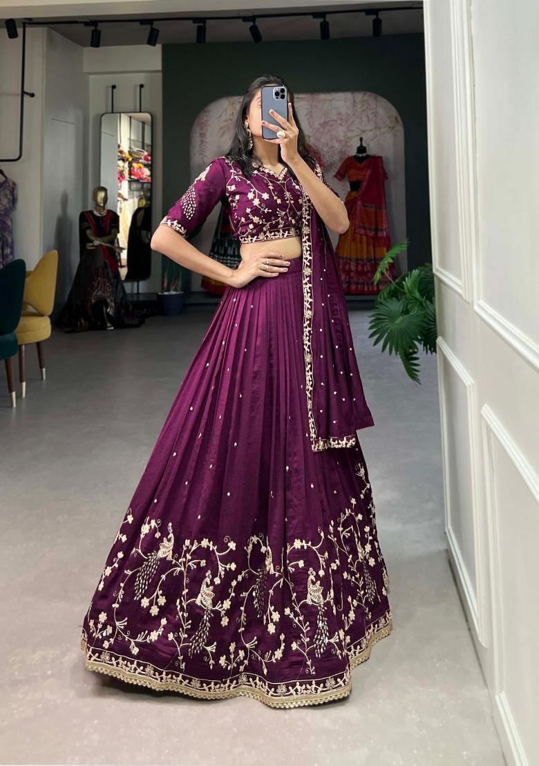 Wine Embroidered Silk Blend Lehenga Set - Indya