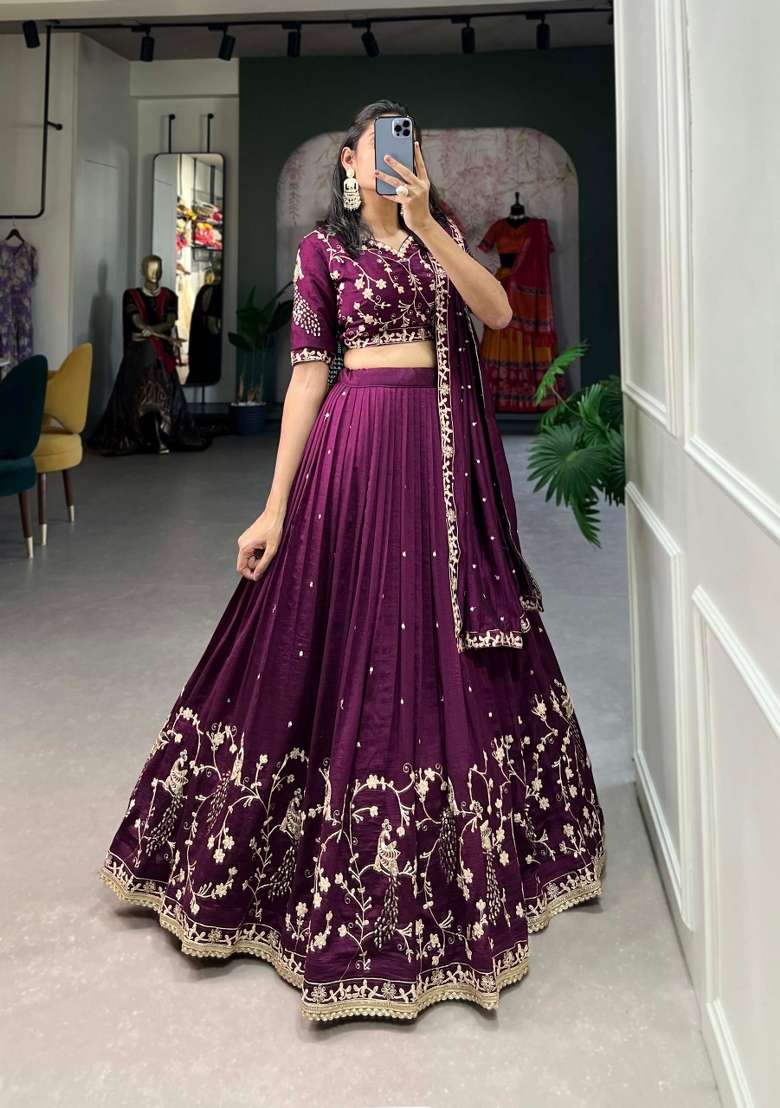 Wine Embroidered Silk Blend Lehenga Set for Diwali and Festive Wear - Indya