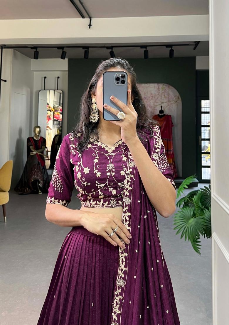 Wine Embroidered Silk Blend Lehenga Set - Indya