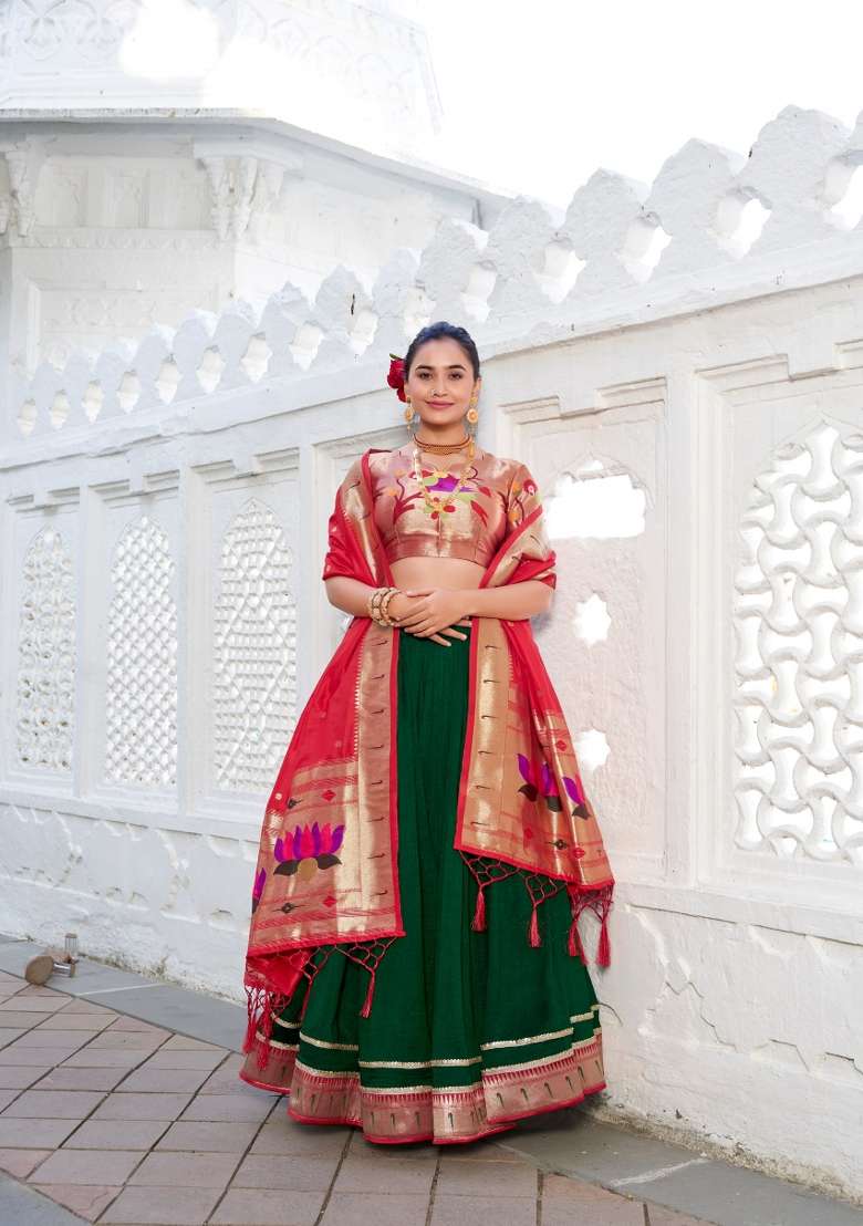 Green Lace Work Silk Blend Lehenga Set for Diwali | Wedding & Festive Wear - Indya