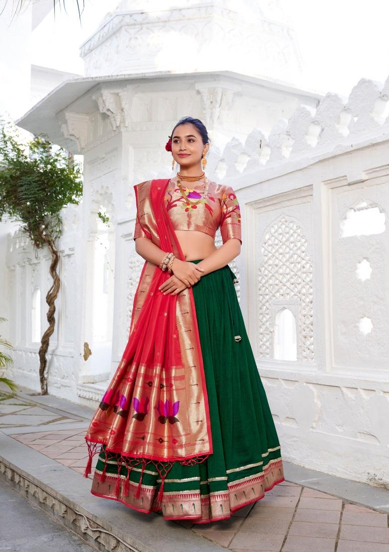Green Lace Work Silk Blend Lehenga Set - Indya