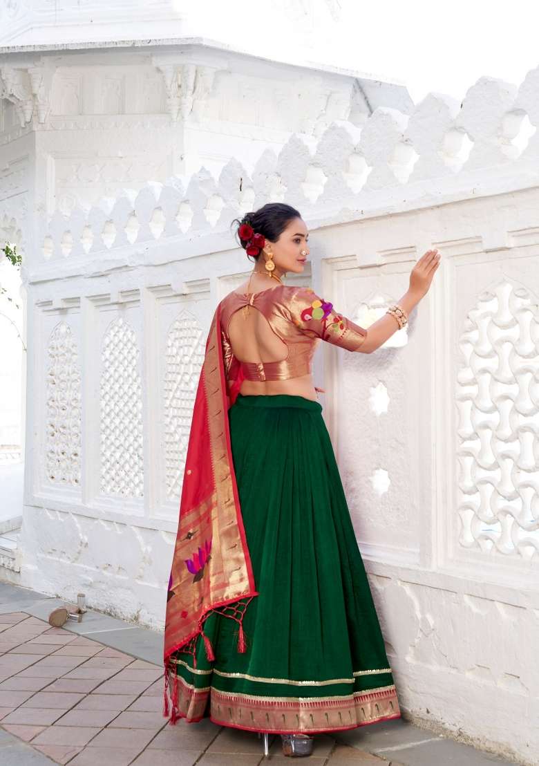 Green Lace Work Silk Blend Lehenga Set for Diwali | Wedding & Festive Wear - Indya