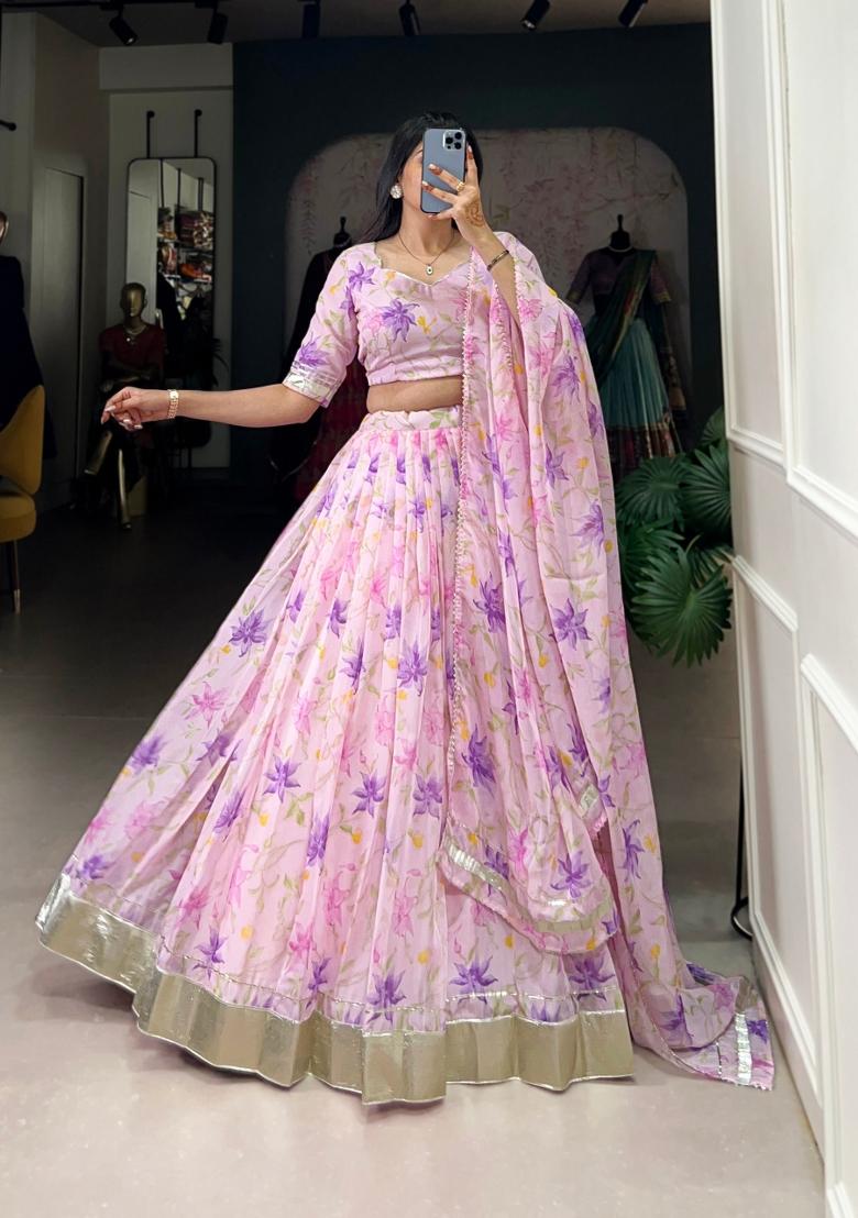 Lavender Floral Print Silk Blend Lehenga Set - Indya