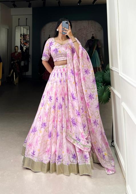 Lavender Floral Print Silk Blend Lehenga Set