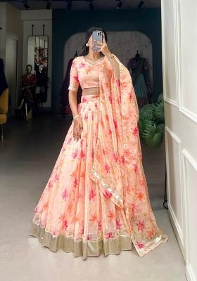 Peach Floral Print Silk Blend Lehenga Set