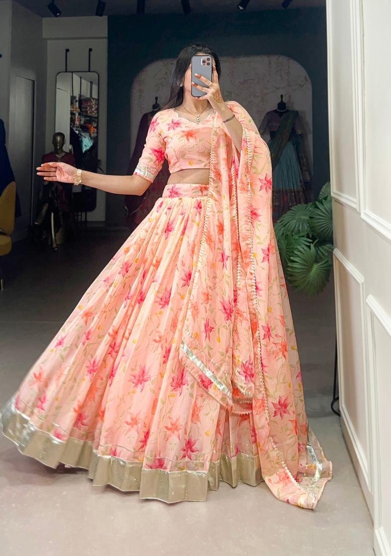Peach Floral Print Silk Blend Lehenga Set - Indya