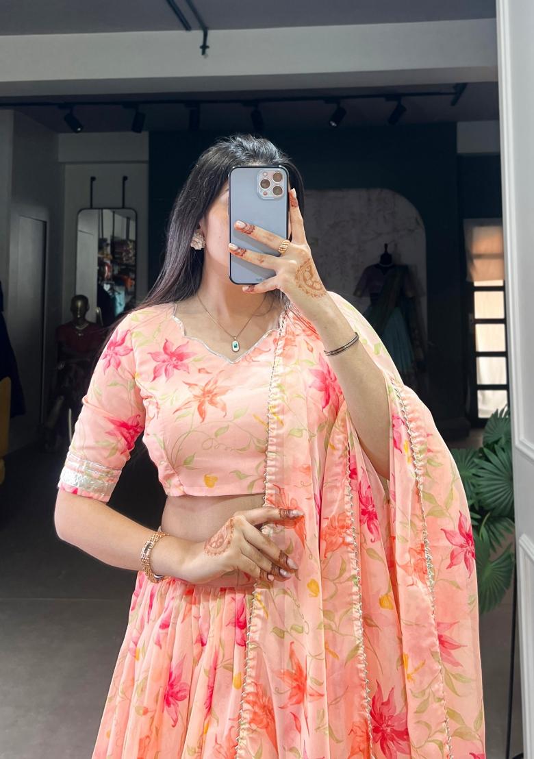 Peach Floral Print Silk Blend Lehenga Set - Indya