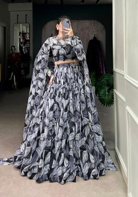 Black Printed Silk Blend Lehenga Set