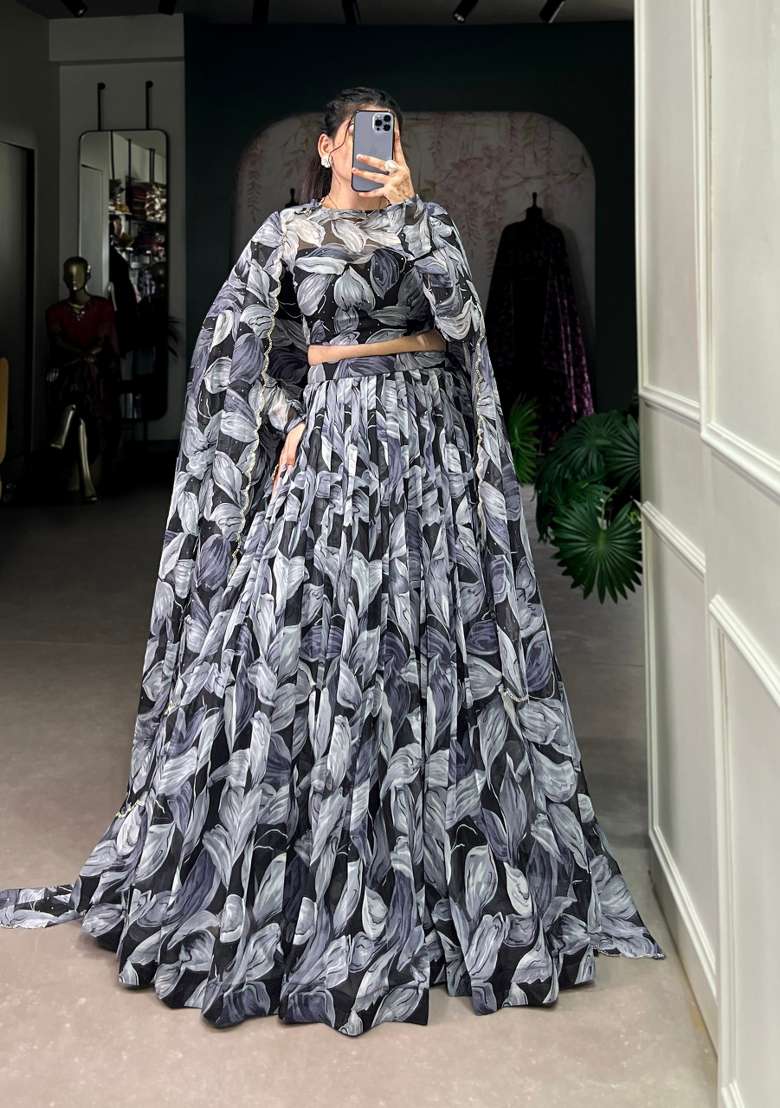 Black Printed Silk Blend Lehenga Set for Diwali and Festive Wear - Indya