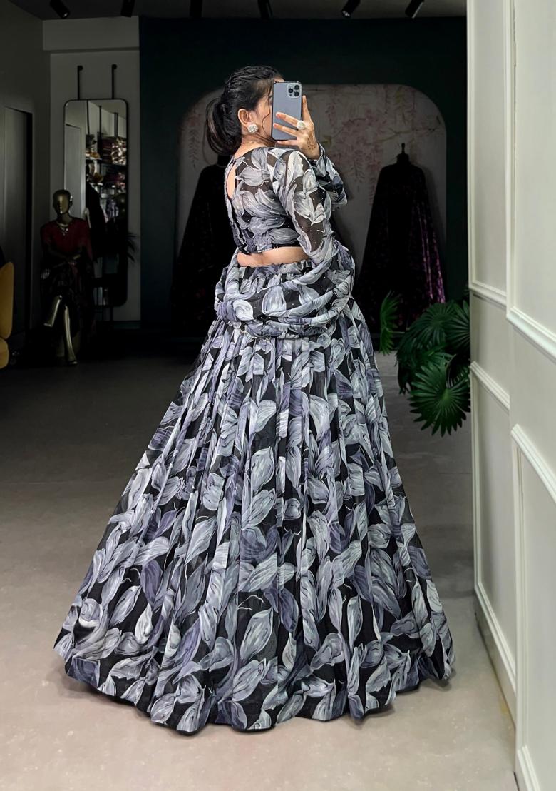Black Printed Silk Blend Lehenga Set - Indya