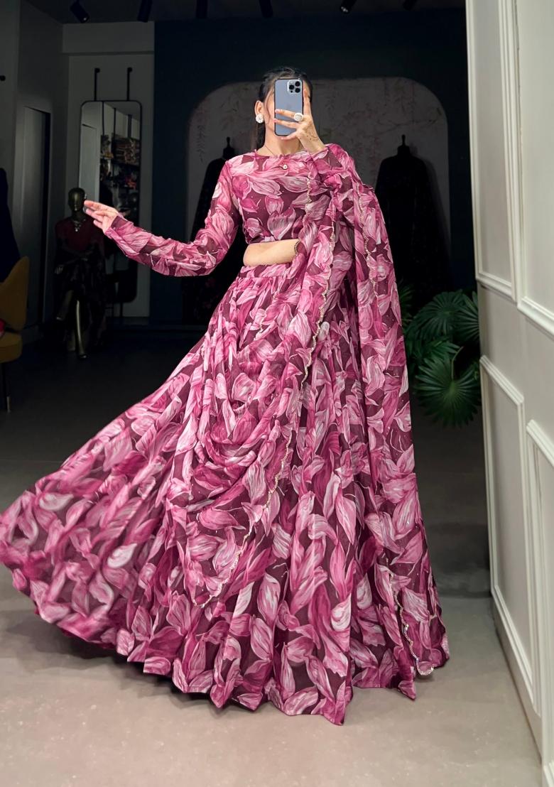Maroon Printed Silk Blend Lehenga Set - Indya