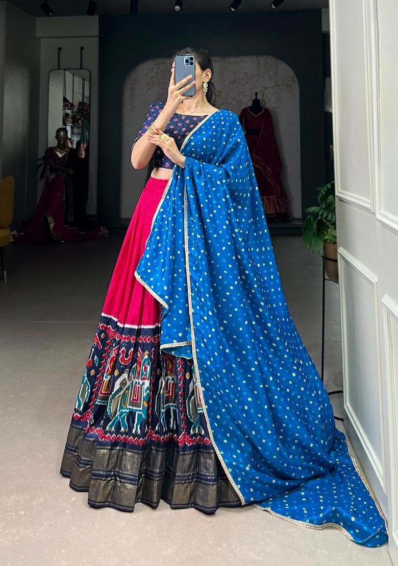 Pink Printed Silk Blend Lehenga Set - Indya