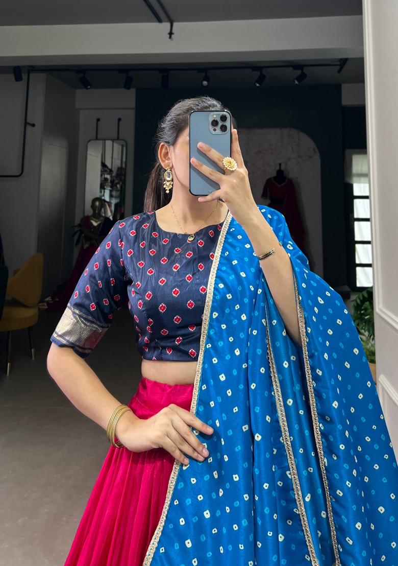 Pink Printed Silk Blend Lehenga Set - Indya