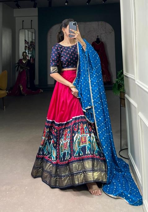 Pink Printed Silk Blend Lehenga Set