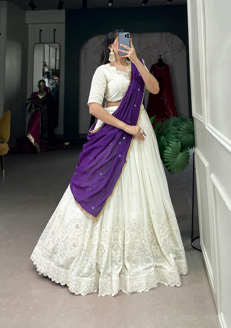 White Mirror Work Cotton Lehenga Set - Indya