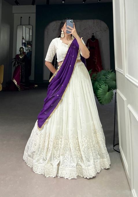 White Mirror Work Cotton Lehenga Set