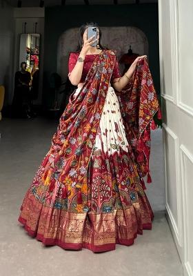 Beige Printed Silk Blend Lehenga Set