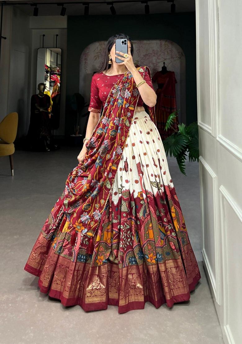 Beige Printed Silk Blend Lehenga Set - Indya