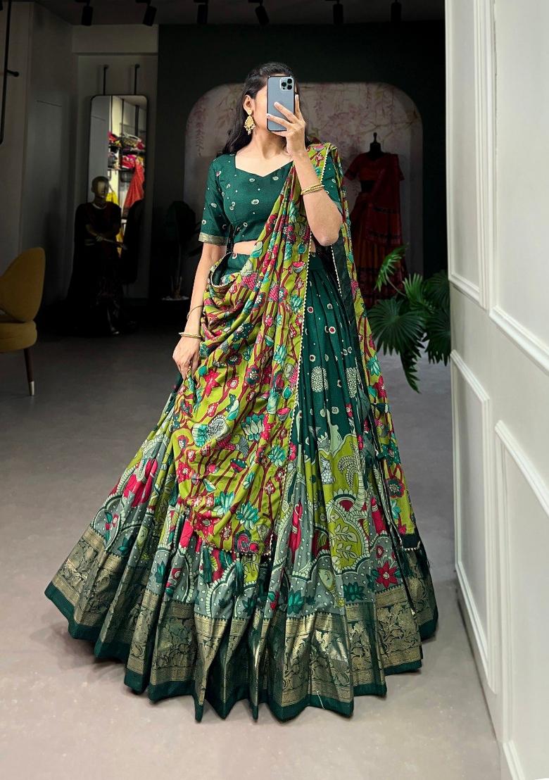Green Printed Silk Blend Lehenga Set - Indya