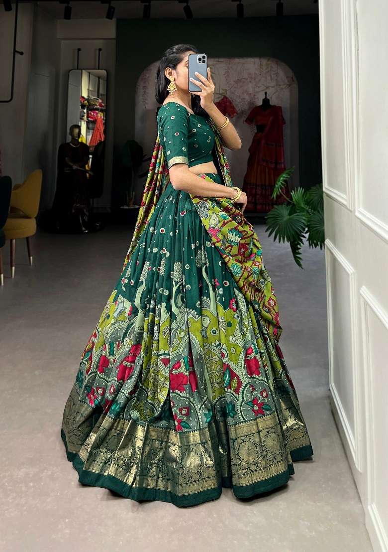 Green Printed Silk Blend Lehenga Set for Diwali and Festive Wear - Indya