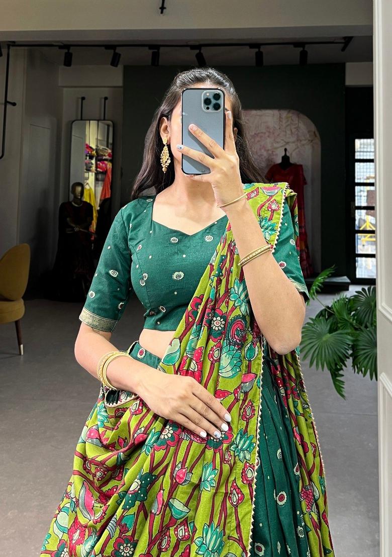 Green Printed Silk Blend Lehenga Set - Indya