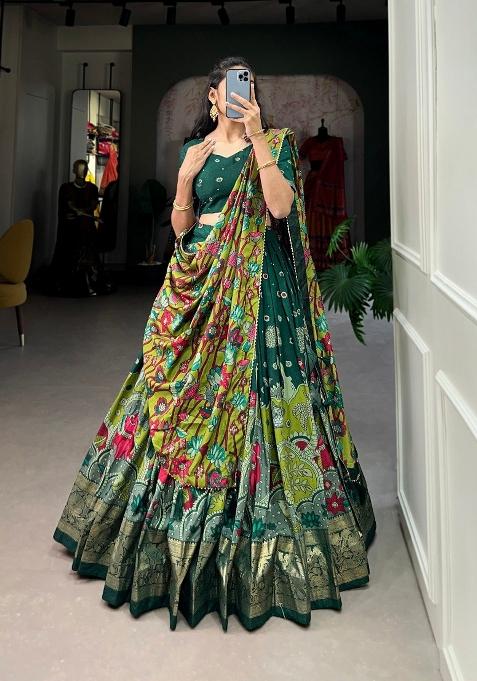 Green Printed Silk Blend Lehenga Set