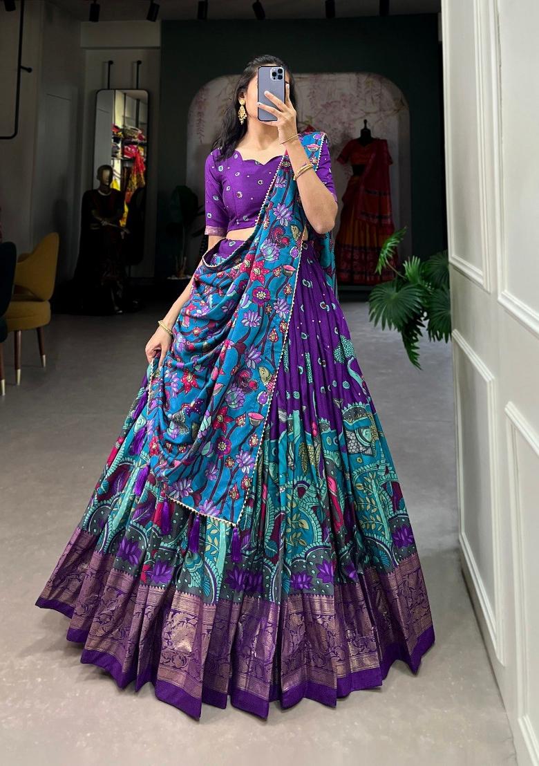 Purple Printed Silk Blend Lehenga Set - Indya