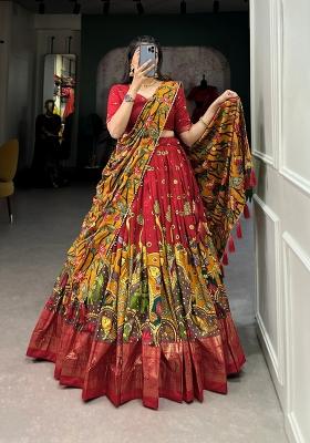 Red Printed Silk Blend Lehenga Set