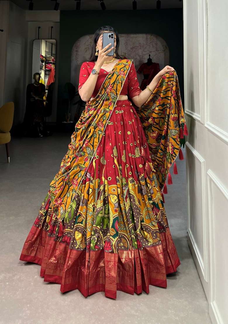Red Silk Blend Lehenga Set with Printed for Diwali | Wedding & Festive Wear - Indya