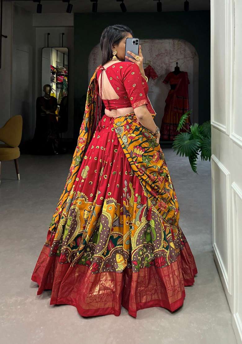 Red Silk Blend Lehenga Set with Printed for Diwali | Wedding & Festive Wear - Indya