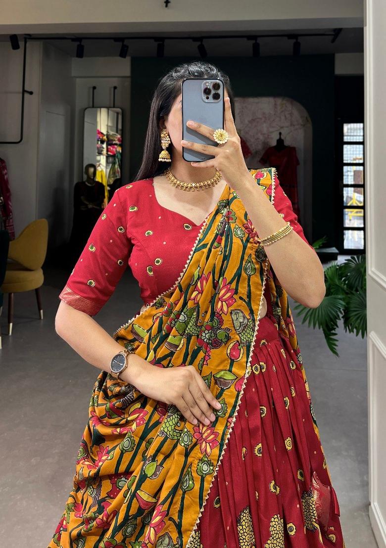 Red Printed Silk Blend Lehenga Set - Indya