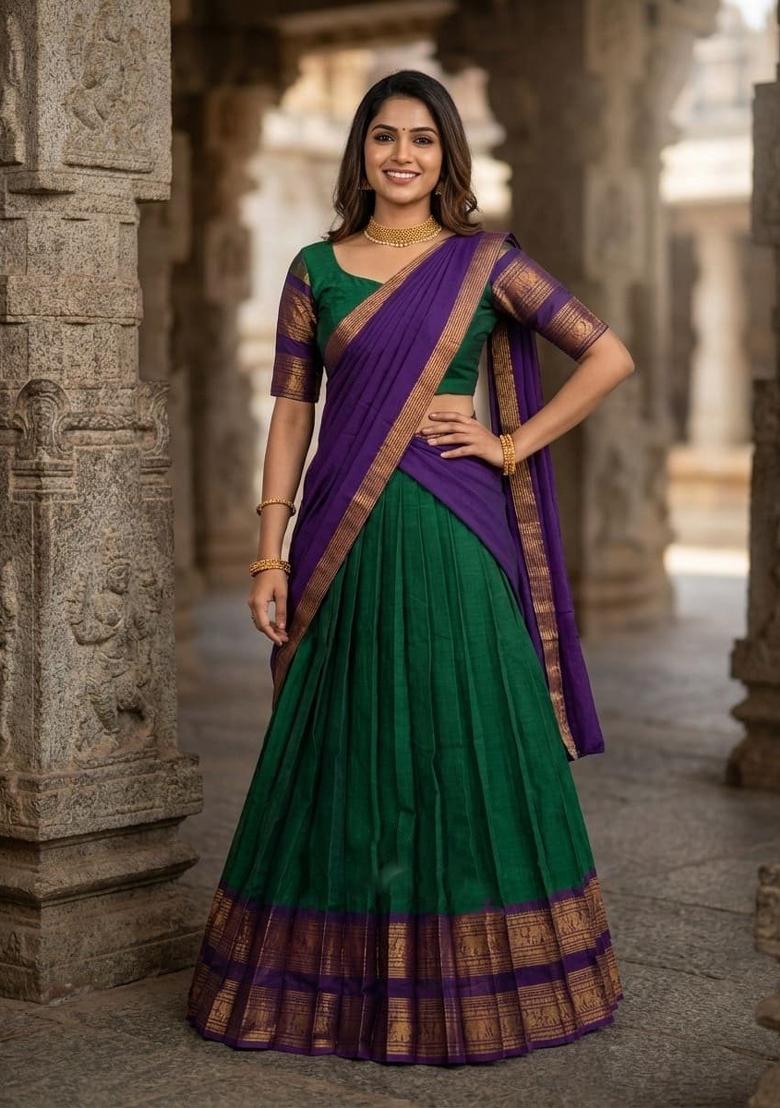 Green Woven Silk Blend Lehenga Set - Indya