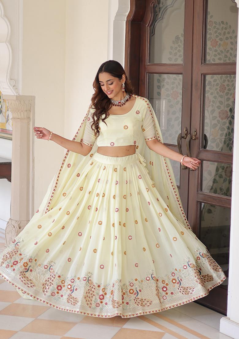 White Embroidered Silk Blend Lehenga Set - Indya