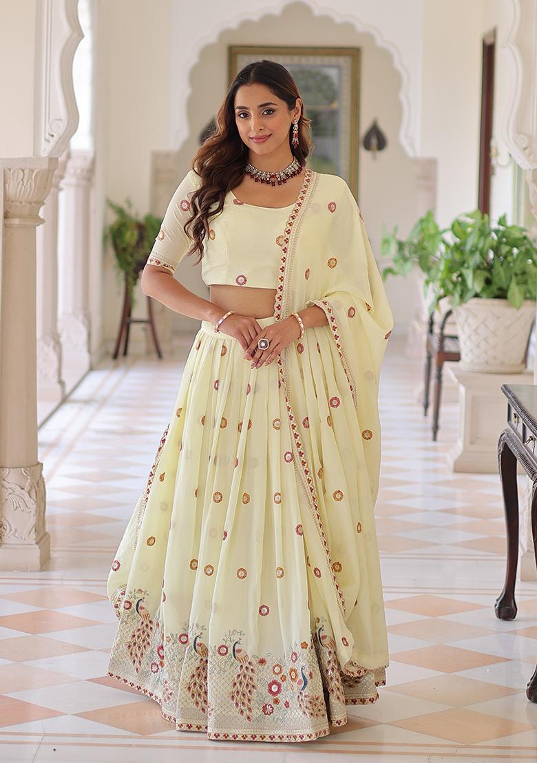 White Embroidered Silk Blend Lehenga Set - Indya