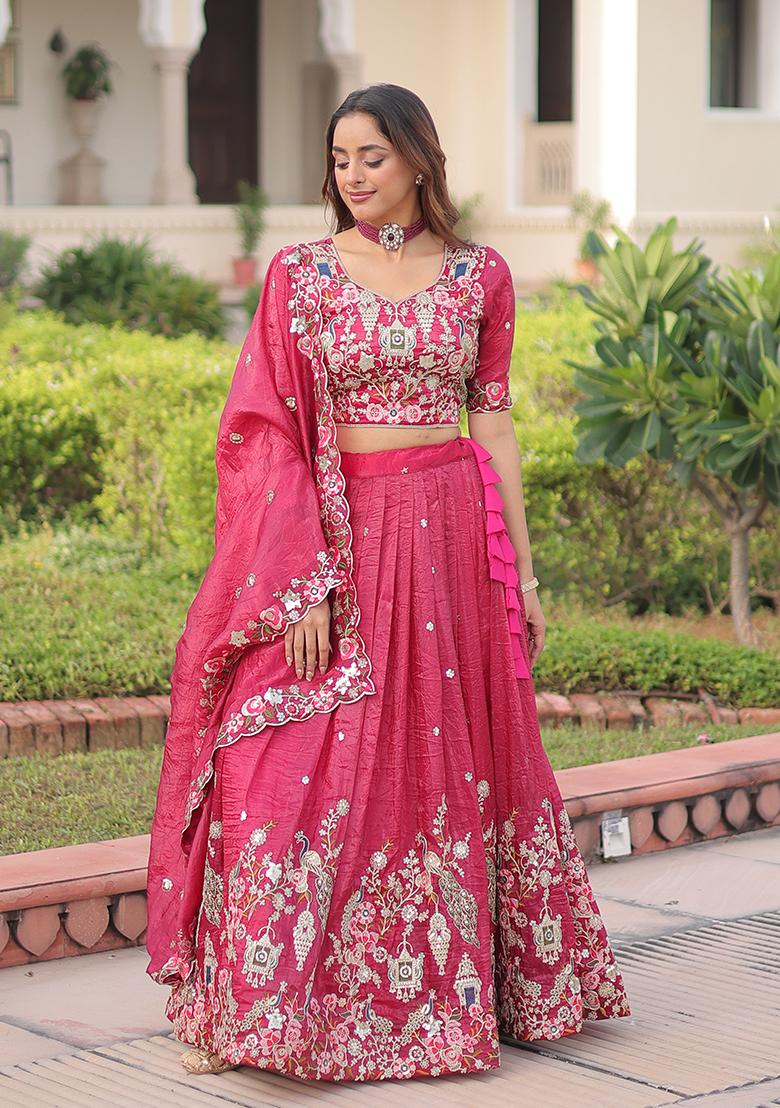 Pink Embroidered Gold Crush Lehenga Set - Indya