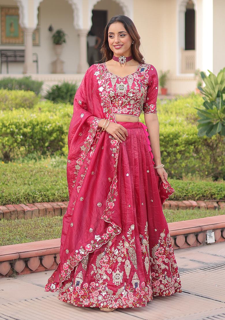 Pink Embroidered Gold Crush Lehenga Set - Indya