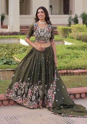 Green Embroidered Gold Crush Lehenga Set