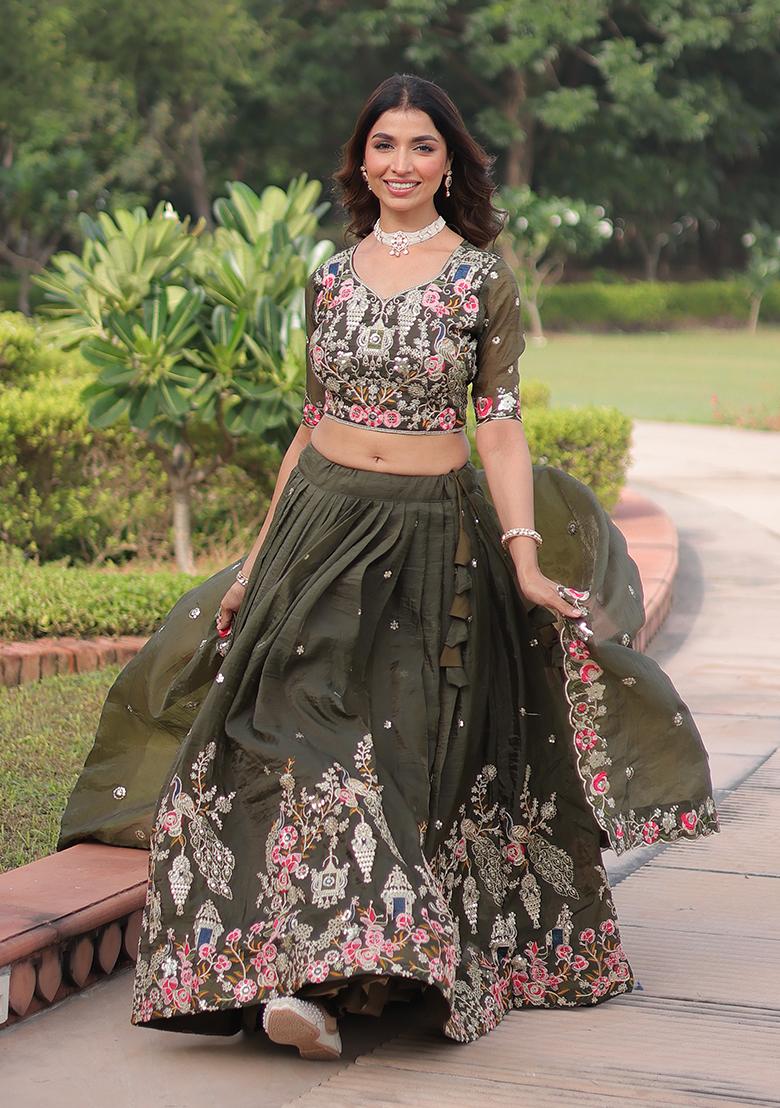 Green Embroidered Gold Crush Lehenga Set - Indya