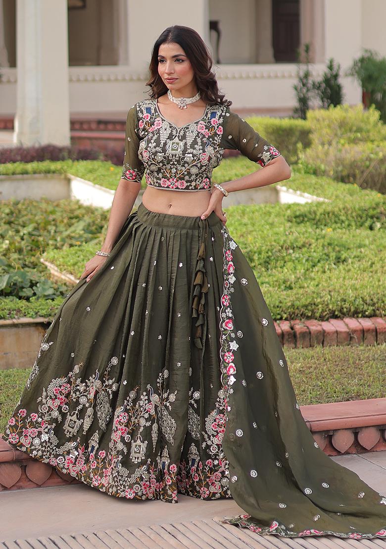 Green Embroidered Gold Crush Lehenga Set - Indya
